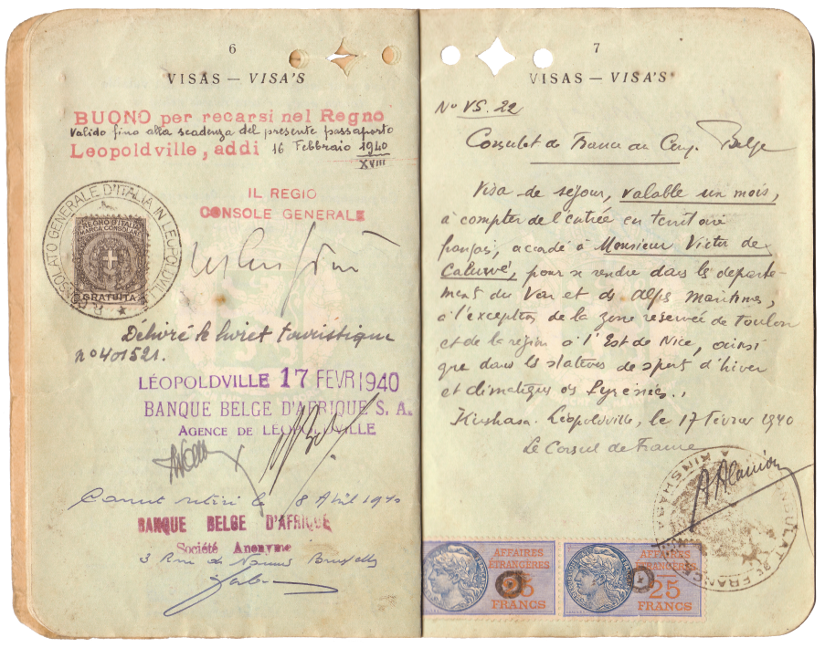 Leopoldville, 1940 - Passeport de Victor de Caluwé - Consulat France et Italie