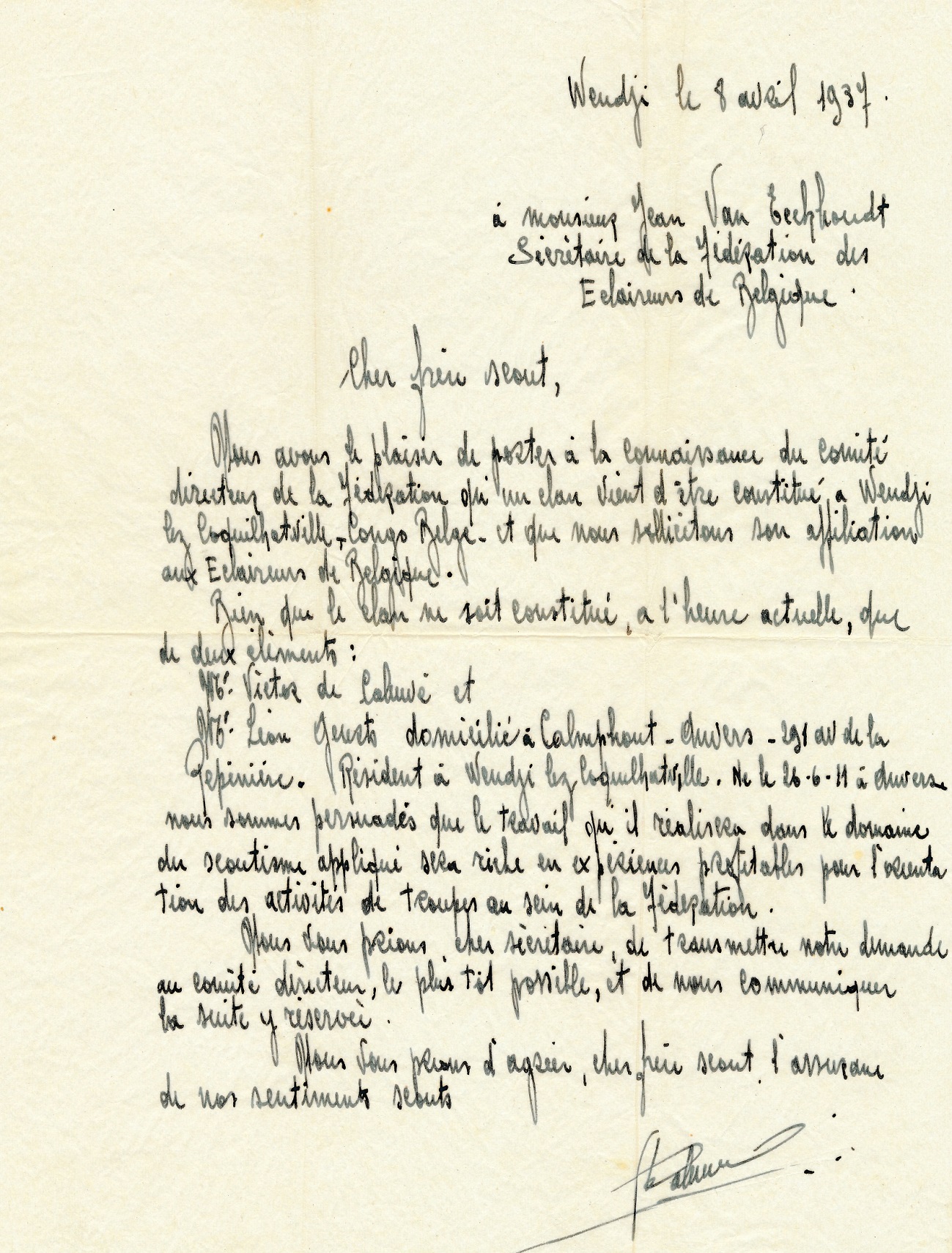 Lettre du 8 avril 1937 à la fédération des éclaireurs de Belgique
