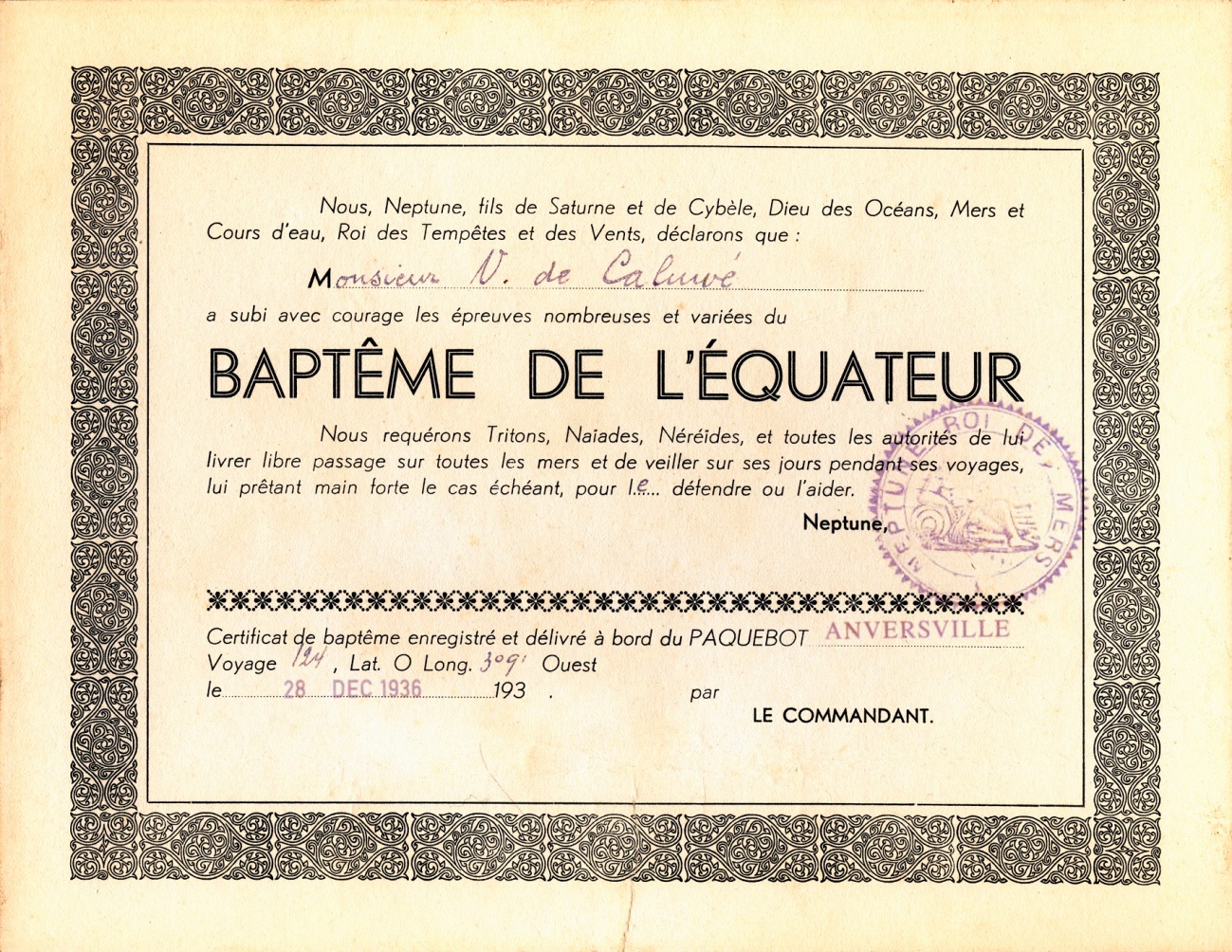 ss ANVERSVILLE, 1937 - Certificat de Baptême de l'équateur de Victor de Caluwé