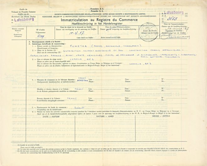 Luluabourg, 1957 - Régistre de Commerce 3663 - FOMETRA recto