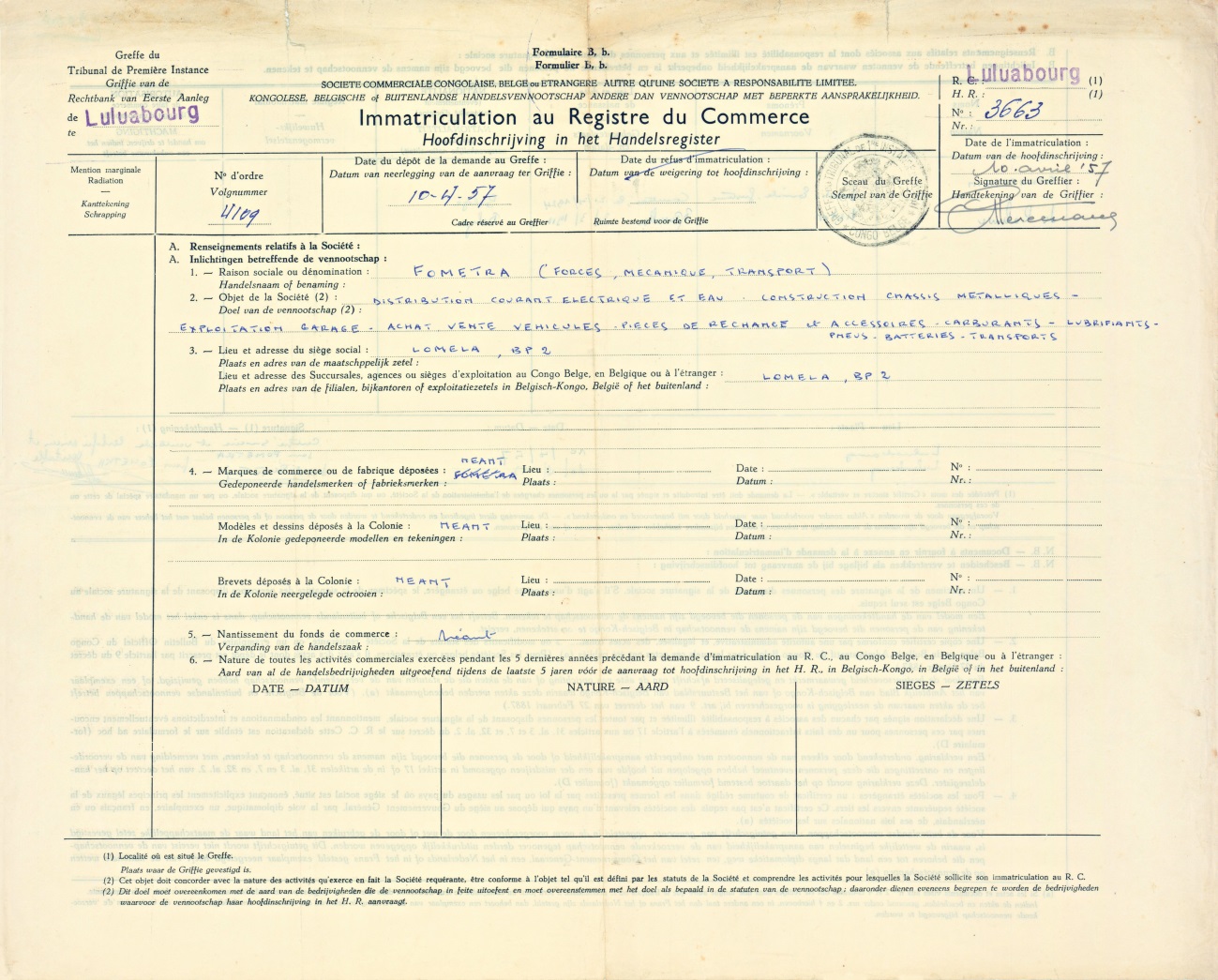 Luluabourg, 1957 - Régistre de Commerce 3663 - FOMETRA recto